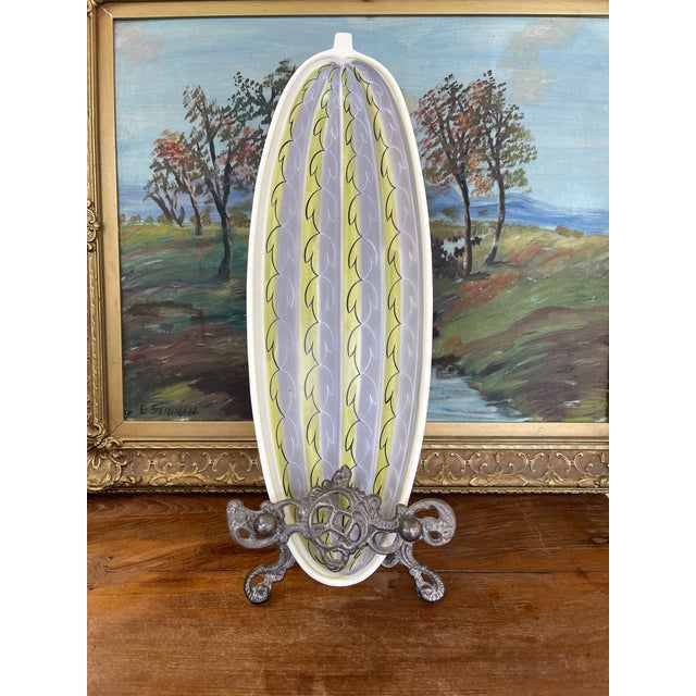 Mid-Century Modern Vintage Mid-Century Modern Poole Pottery England Oval Serving Dish - Abstract Leaf Pattern, Yellow and Gray For Sale - Image 3 of 10