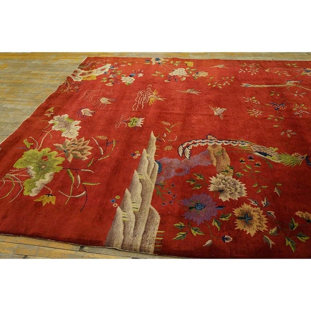 1920s Red Floral Antique Chinese Art Deco Water Bird Rug 8'2" X 9'8" Wool Carpet For Sale - Image 4 of 10