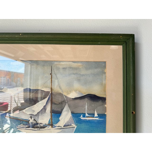 Paint 1970's Vintage Watercolor Fishing Boat Nautical Landscape Painting, Framed For Sale - Image 7 of 11
