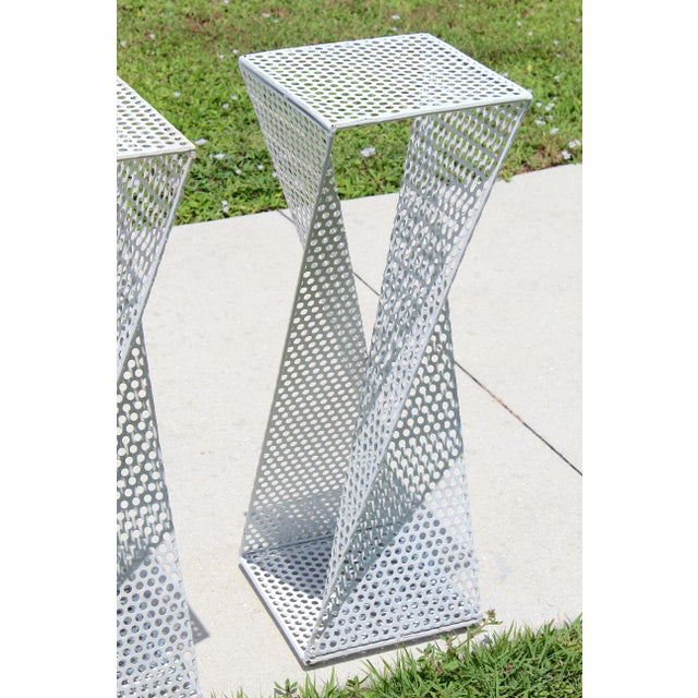 Metal Vintage 1960s Mathieu Matégot Style Sculptural Perforated Metal Pedestals – Pair of Mid-Century Modern Plinths For Sale - Image 7 of 16