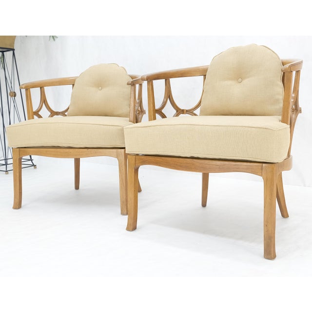 Pair of New Gold Linen Upholstery Barrel Back Wrap Around Lounge Arm Chairs MINT For Sale - Image 12 of 14