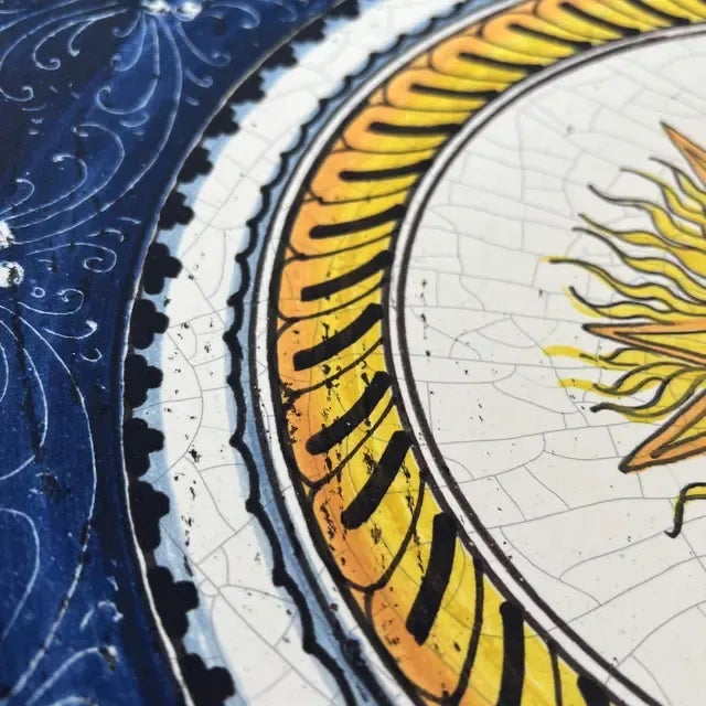 1990s Italian Hand-Painted Blue and Green Ceramic Round Sun Center Wall Plate For Sale - Image 4 of 11