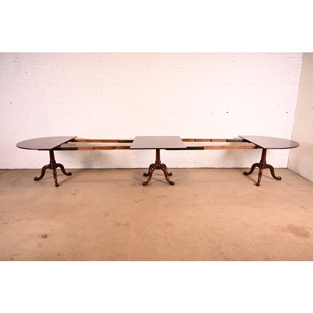 1970s Henkel Harris Georgian Solid Mahogany Monumental Triple Pedestal Extension Dining Table, Newly Refinished For Sale - Image 5 of 13
