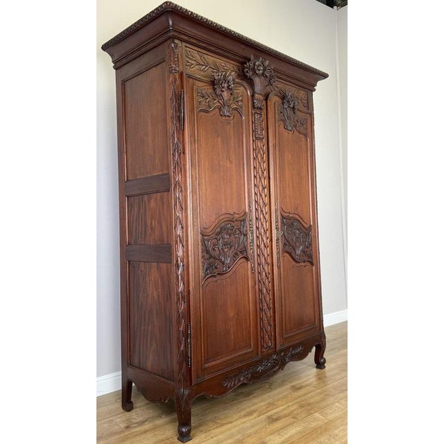 Vintage French Louis XVI Style Carved Walnut 2-Door Wardrobe For Sale - Image 3 of 18