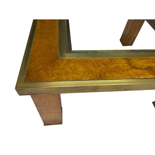 Wood 1950s Olive Ash Burl and Brass Coffee Table With Recessed Glass Insert For Sale - Image 7 of 9