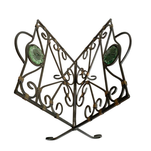 1980s Metal Folding Magazine or Record Holder - Green Glass Medallion For Sale - Image 4 of 9