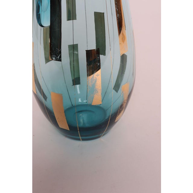 Vintage Hungarian Hand Blown Blue Crystal Glass Pitcher With Gold Leaf Accents For Sale - Image 14 of 15