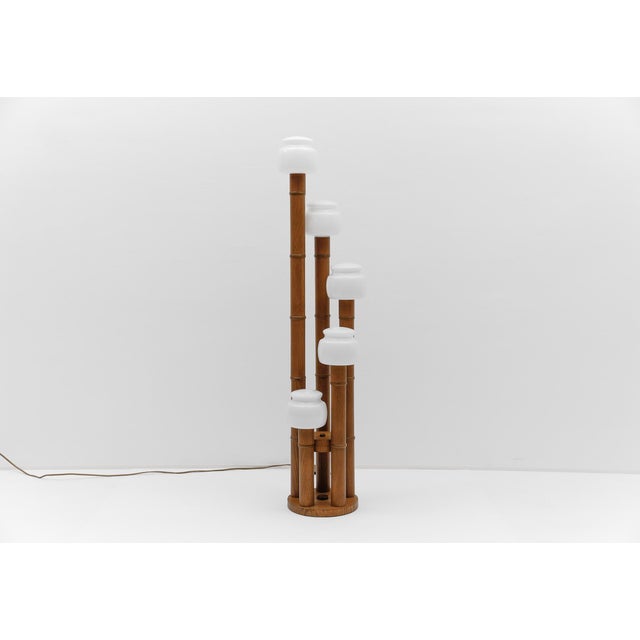 Mid-Century Modern Bamboo Floor Lamp with 5 Opal Glass Shades, 1960s For Sale - Image 14 of 15