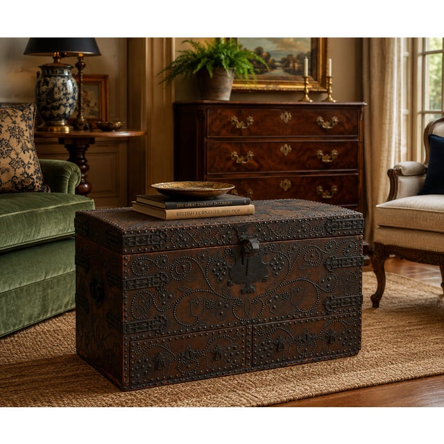 Charles II Wrought-Iron Mounted Brass-Studded Leather Coffer Trunk With Drawers For Sale - Image 12 of 12
