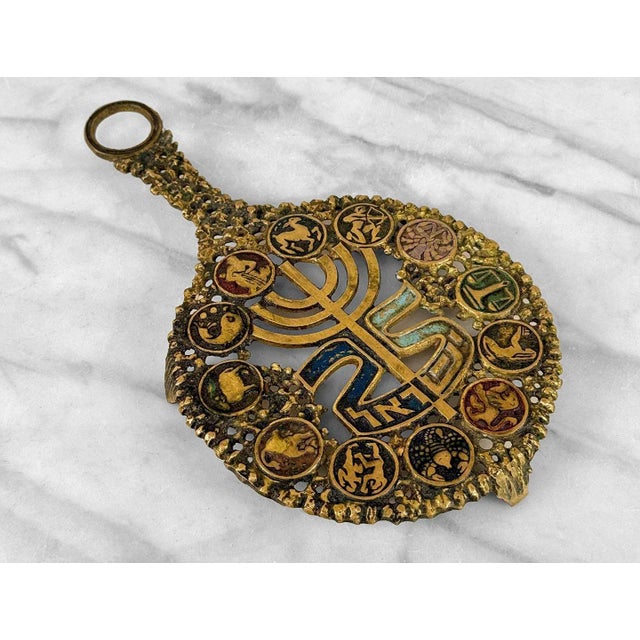 Brutalist Vintage Brutalist Judaica Israel Zodiac Brass Serving Trivet For Sale - Image 3 of 6