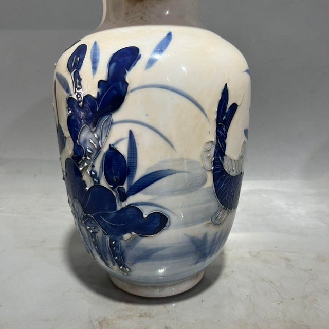 1970s Blue and White Raised Relief Lotus Porcelain Vase, Chinoiserie Decor Vessel For Sale - Image 5 of 8