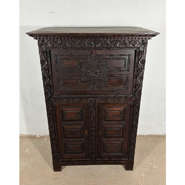 Baroque 19th Century Baroque Oak Fall-Front Cabinet with Deep Carved Decoration For Sale - Image 3 of 18