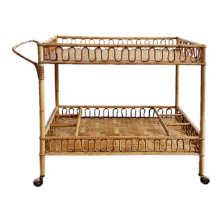 1960s Bamboo & Rattan Serving Bar Cart Trolley by Franco Albini. Made in Italy For Sale