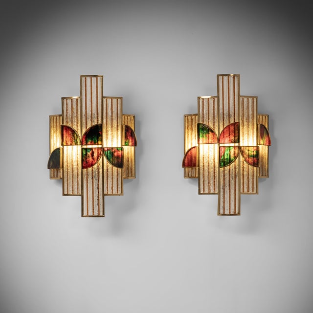 Colored Glass and Brass Wall Lamp attributed to Albano Poli, Italy, 1960s, Set of 2 For Sale - Image 9 of 9