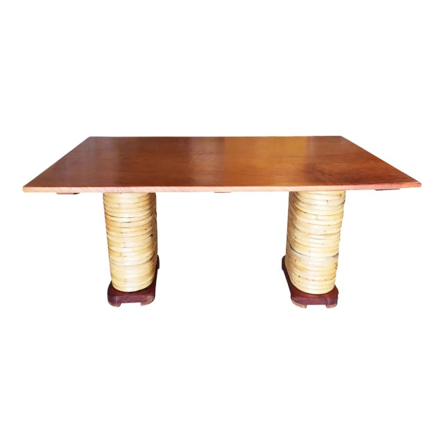 Restored Stacked Rattan Double Mahogany Pedestal Dining Table For Sale