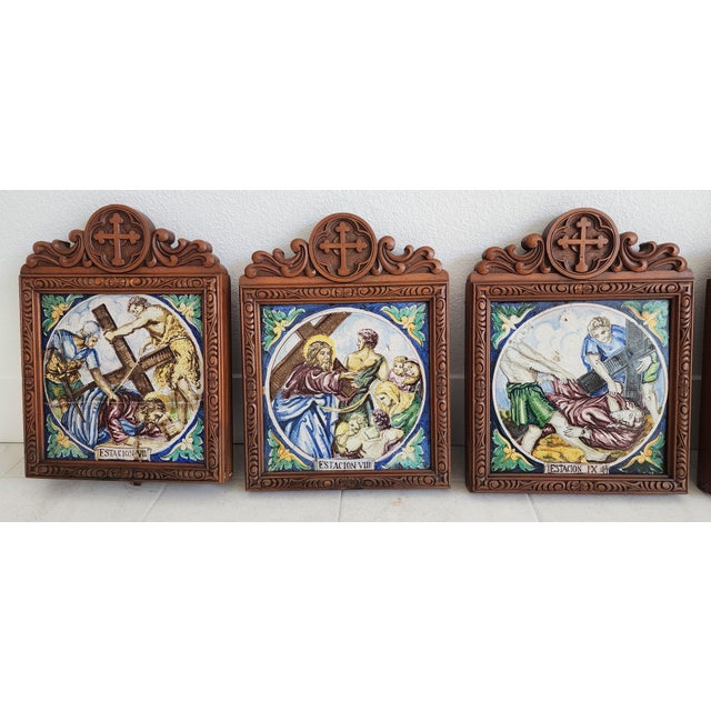 Antique Early 19th Century Italian "Stations of the Cross" Framed Hand Painted Terracota Tile For Sale - Image 4 of 12