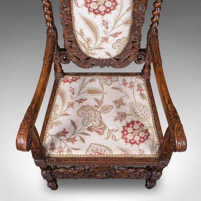 Wood Pair of Antique Charles II Revival Arm Chairs, English, Elbow Seat, Edwardian For Sale - Image 7 of 12