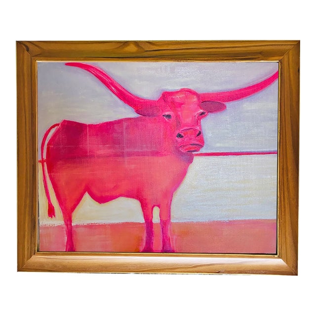 Western Country Cowboy Pink Longhorn Steer Original Oil Painting, in Teak Wood Frame by Tatiana Duperault For Sale