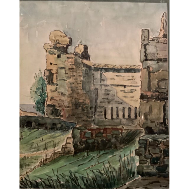 Original Watercolor, Castle Ruins in Fuengirola, Spain, Ancient Fortress Signed by Artist, Wooden Frame With Green matting For Sale - Image 12 of 12