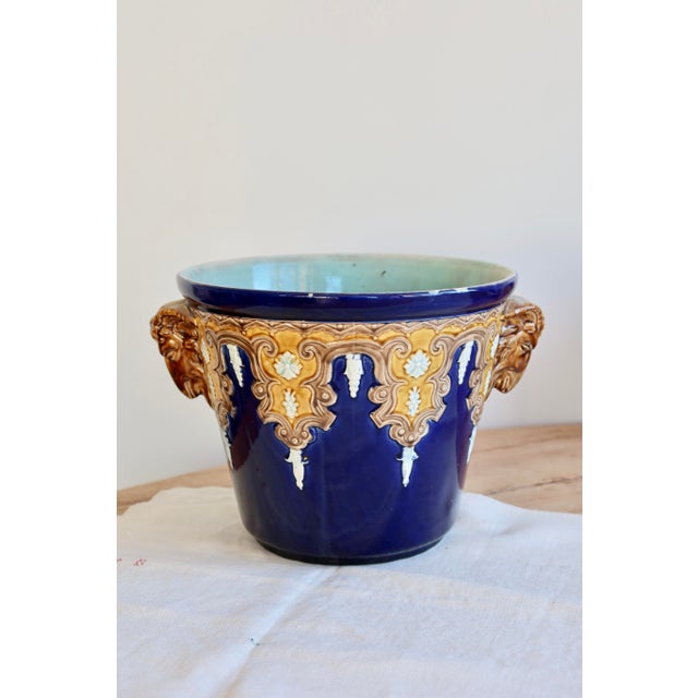 Antique Fives-Lille Cachepot in Blue Glazed Ceramic with Neo-Renaissance Decor by Gustave De Bruyn, 19th Century For Sale - Image 3 of 11
