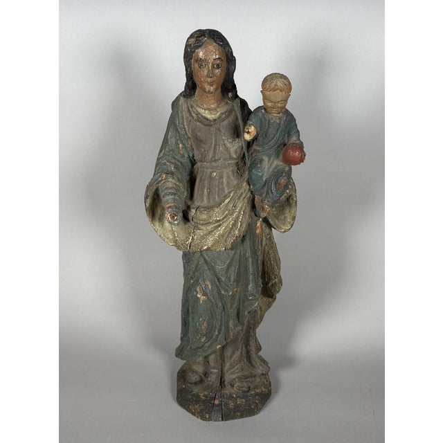 Blue French Artist, The Virgin and Child, 18th Century, Polychrome Carved Wood For Sale - Image 8 of 8