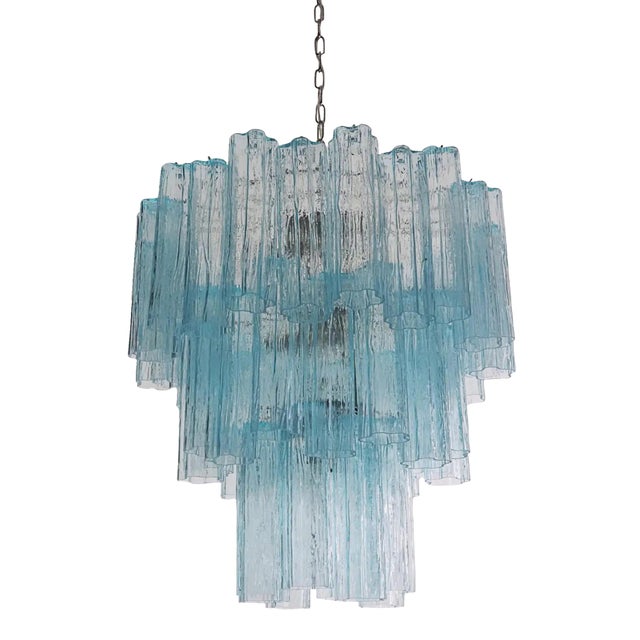 Three-Tier Murano Glass Tube Chandelier in Blue Glasses For Sale