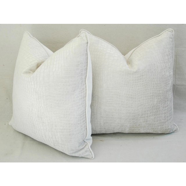 Off-white 24" Boho Chic White Crocodile Velvet Feather/Down Pillows - Pair For Sale - Image 8 of 11
