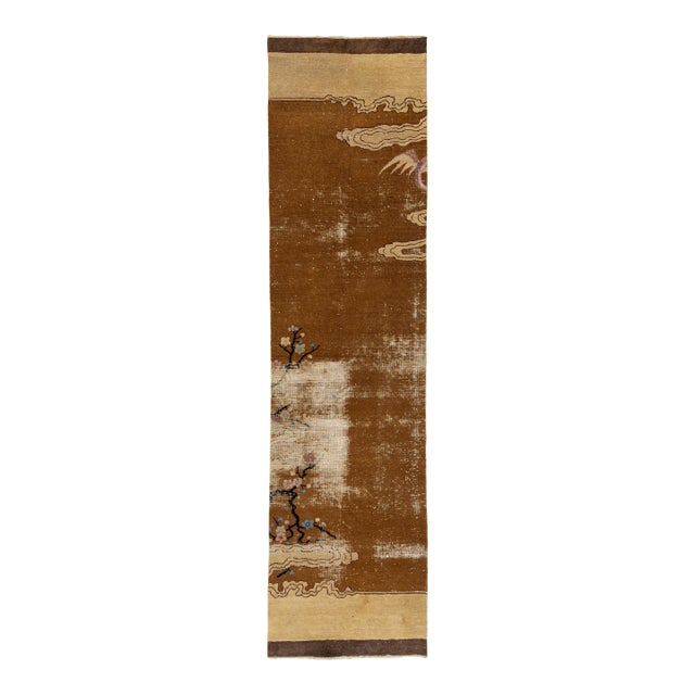 Earthy Tones Antique Art Deco Chinese Nichols Style Runner – Hand-Knotted Wool For Sale