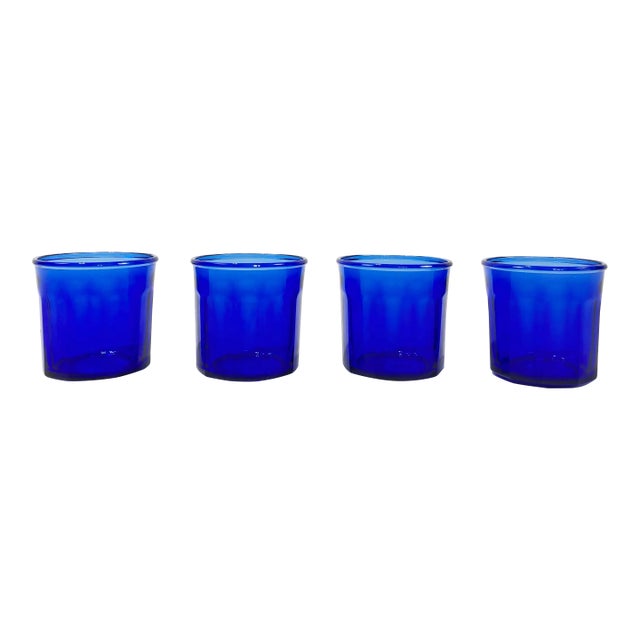 Vintage Cobalt Blue French Jam Jar Glasses, Set of 4 For Sale