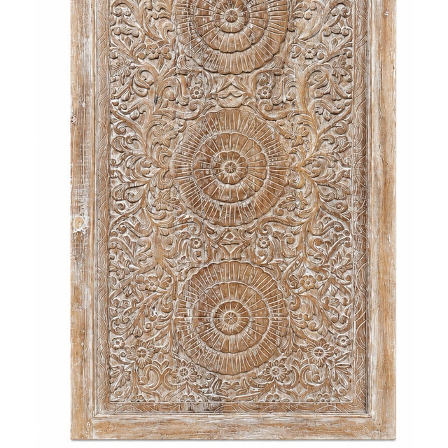 Mid-Century Modern Whitewashed Hand-Carved Mandala Door – Vintage Indian Lotus Motif Double-Sided Carved Entry Door 85x41.5 For Sale - Image 3 of 5