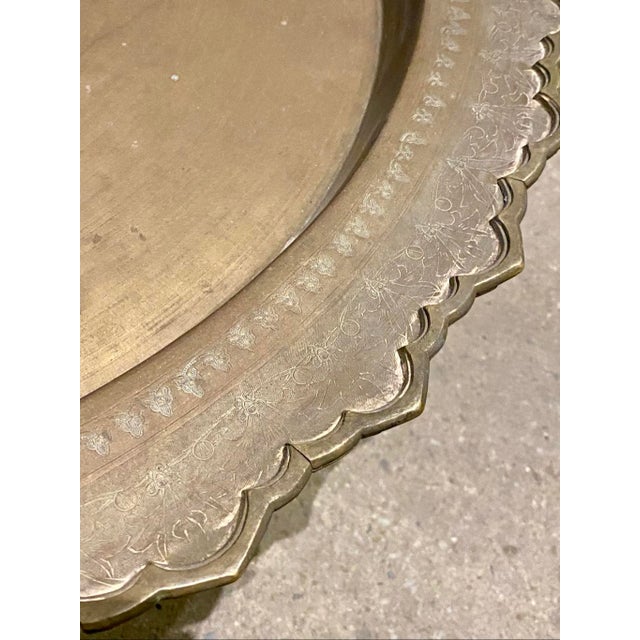 Moroccan Antique Handcrafted Moroccan Style Etched Brass Pedestal Coffee Table For Sale - Image 3 of 10