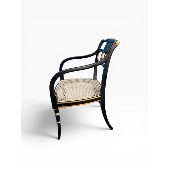 Black Pair of Baker Furniture “Governor Alston” Regency Black & Gilt Caned Armchairs For Sale - Image 8 of 14