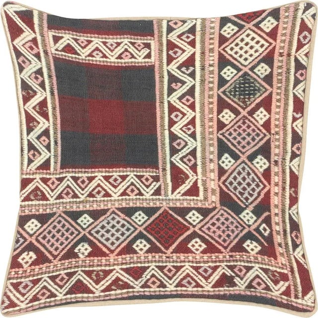 1960s Turkish Jijim Pillow. Hand Sewn with fragments of vintage Anatolian wool Kilims. Fiber fill. 522017