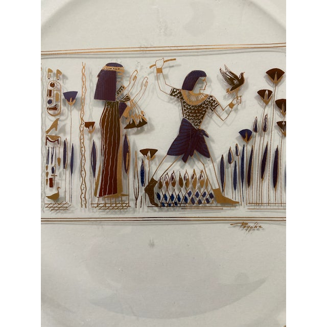 Mid Century round glass plate. Beautiful gold Egyptian goddess done with mid century design Signed in the right hand...