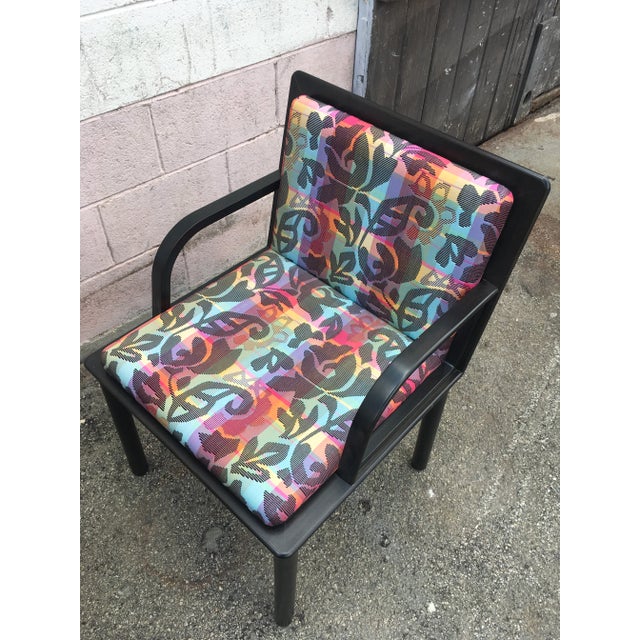 Set of 8 Ettore Sottsass “Bridge” Dining Chairs for Knoll – Postmodern 1988, Original Fabric & Labels For Sale - Image 10 of 13