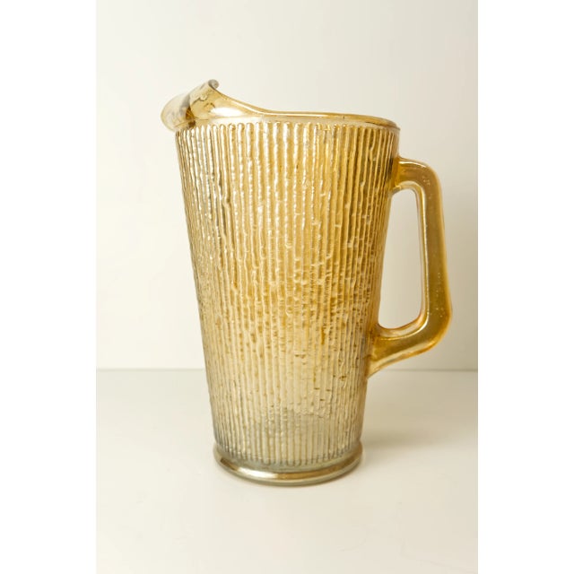 Mid-Century Modern Marigold Carnival Glass Ribbed Bark Texture Pitcher For Sale - Image 3 of 7