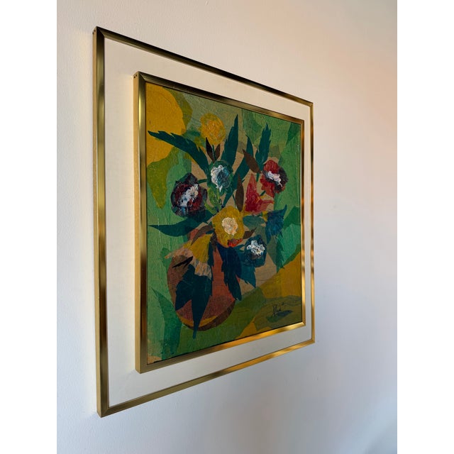 A vibrant 1980s mixed media still life by artist Rhonda, featuring a colorful bouquet arranged in a vase with expressive...