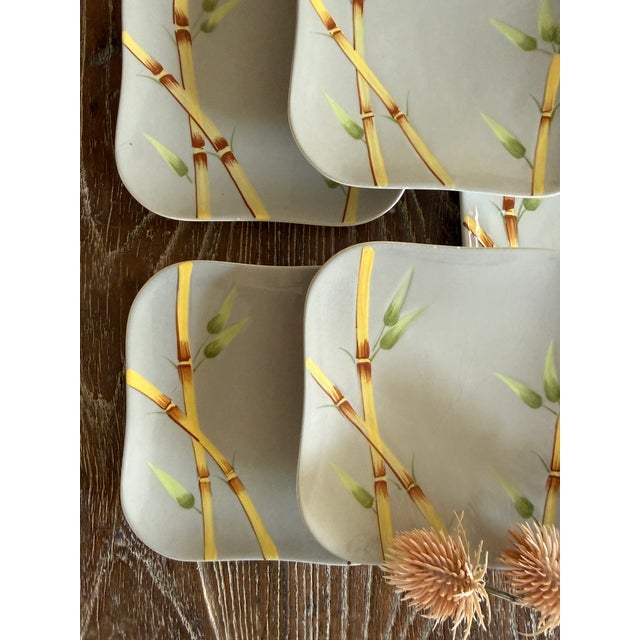 Gray Mid 20th Century Weil Ware California 5.75 Inch Square Plates Hand Decorated Bamboo Pottery - Set of 6 For Sale - Image 8 of 11