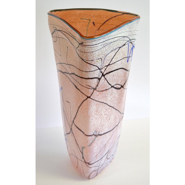 Gino Vistosi / Murano 1980s Taylor Backes Triangle Shape Art Glass Colorful Op Art Vase For Sale - Image 4 of 12