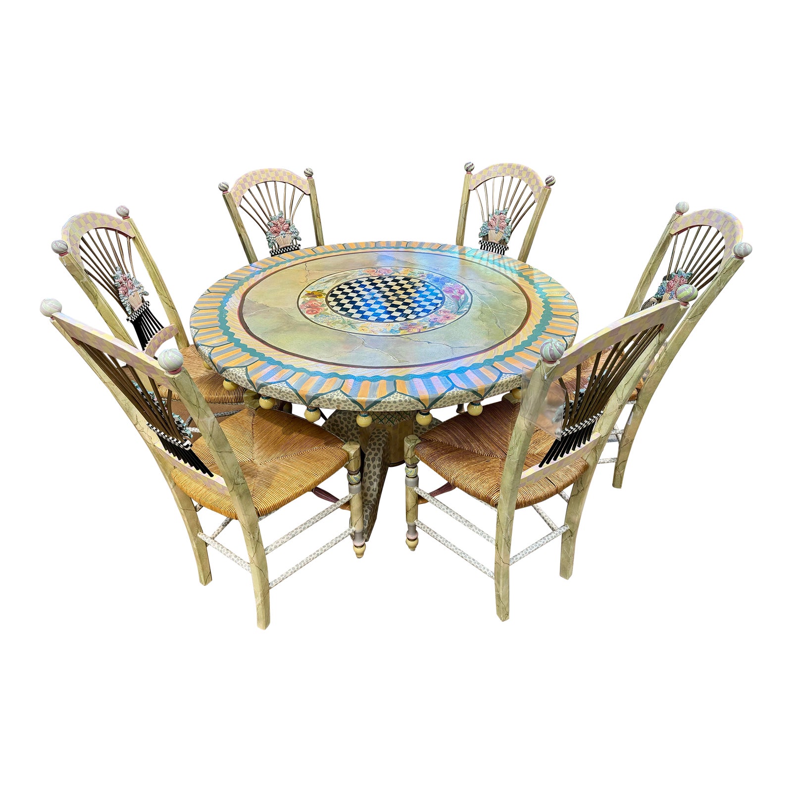 1990s Vintage MackenzieChilds Round Dining Table and 6 Chairs Set of