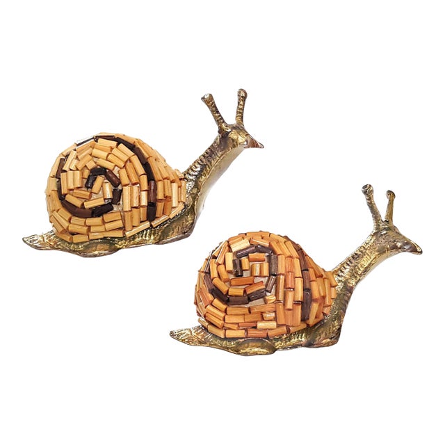 Rare Italian Sculpture Snail Pair Solid Brass & African Bamboo Beads 1970s - Signed Tarzia Firenze Italy For Sale