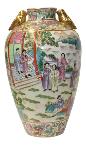 Chinese Oriental Porcelain People Scenery Golden Birds Vase
