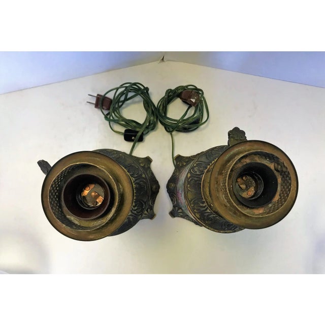 Early 20th Century Antique Asian Chinoiserie Style Hand Painted Porcelain and Bronze Oil Lamps Converted to Electric - a Pair For Sale In West Palm - Image 6 of 13