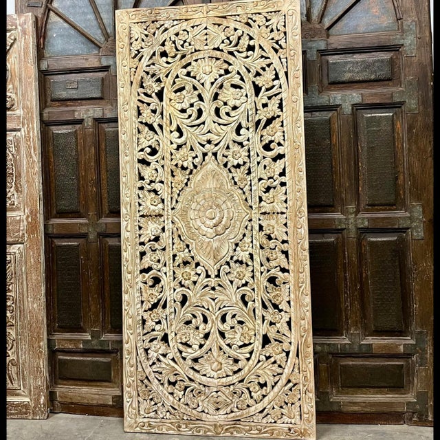 Vintage Carved Jali Barn Door | Whitewashed Patina Room Divider 80x36 For Sale - Image 4 of 7