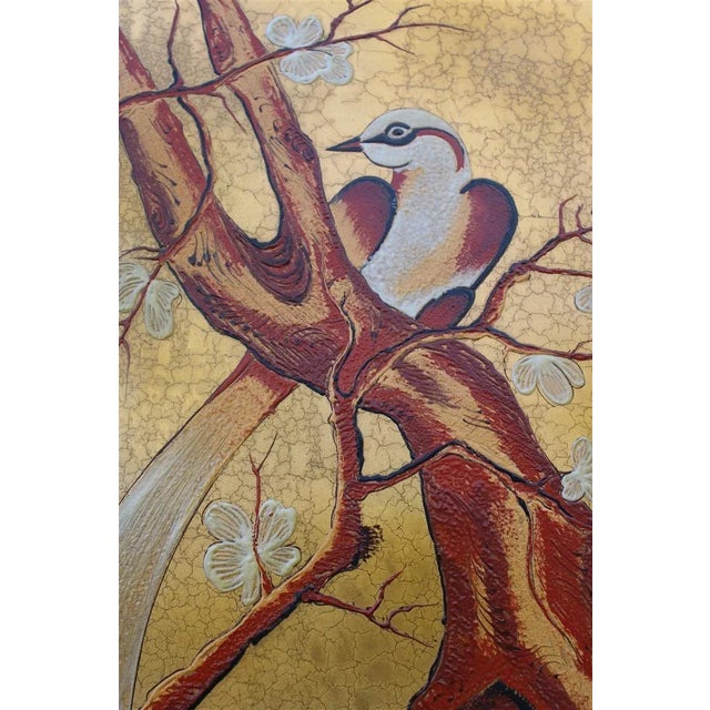 Italian Decorative Panel in Enamel Inspired Almond Blossoms and Birds, Japan, 1950s, in Very Good conditions. Designed...