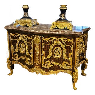 Louis XV Style Marble Top Sideboard Cabinet With Bronze Mounts & Gold Leaf Details For Sale