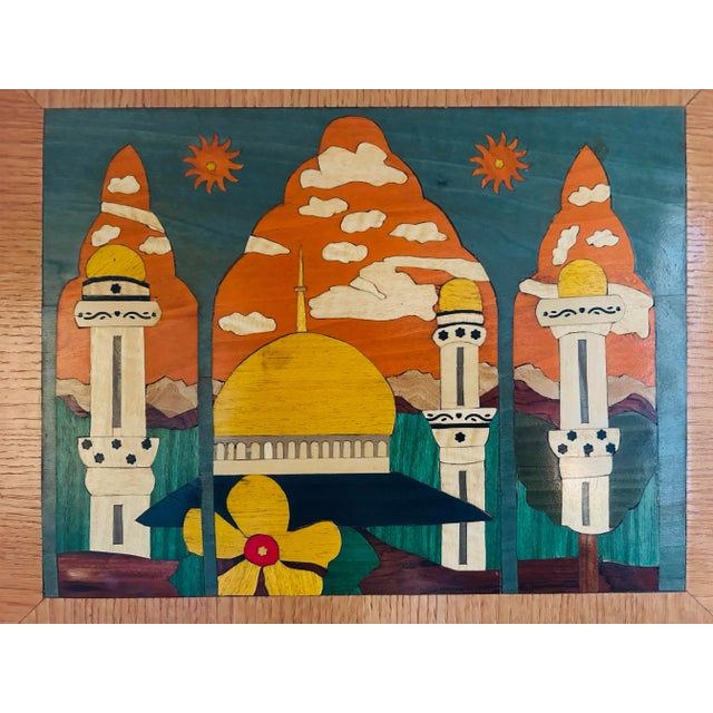 Vintage Hand Made Inlaid Wood Plaque of Dome of the Rock in Jerusalem ~ Bright Colors For Sale - Image 4 of 6