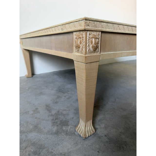 Hollywood Regency Neoclassical Style Carved Greek Key & Lion Motif Square Coffee Table For Sale - Image 4 of 12
