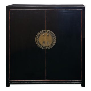 Oriental Black Lacquer Slim Round Moon Face Storage Cabinet For Sale
