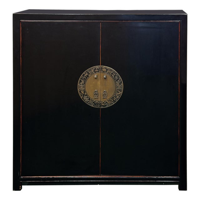 Oriental Black Lacquer Slim Round Moon Face Storage Cabinet For Sale